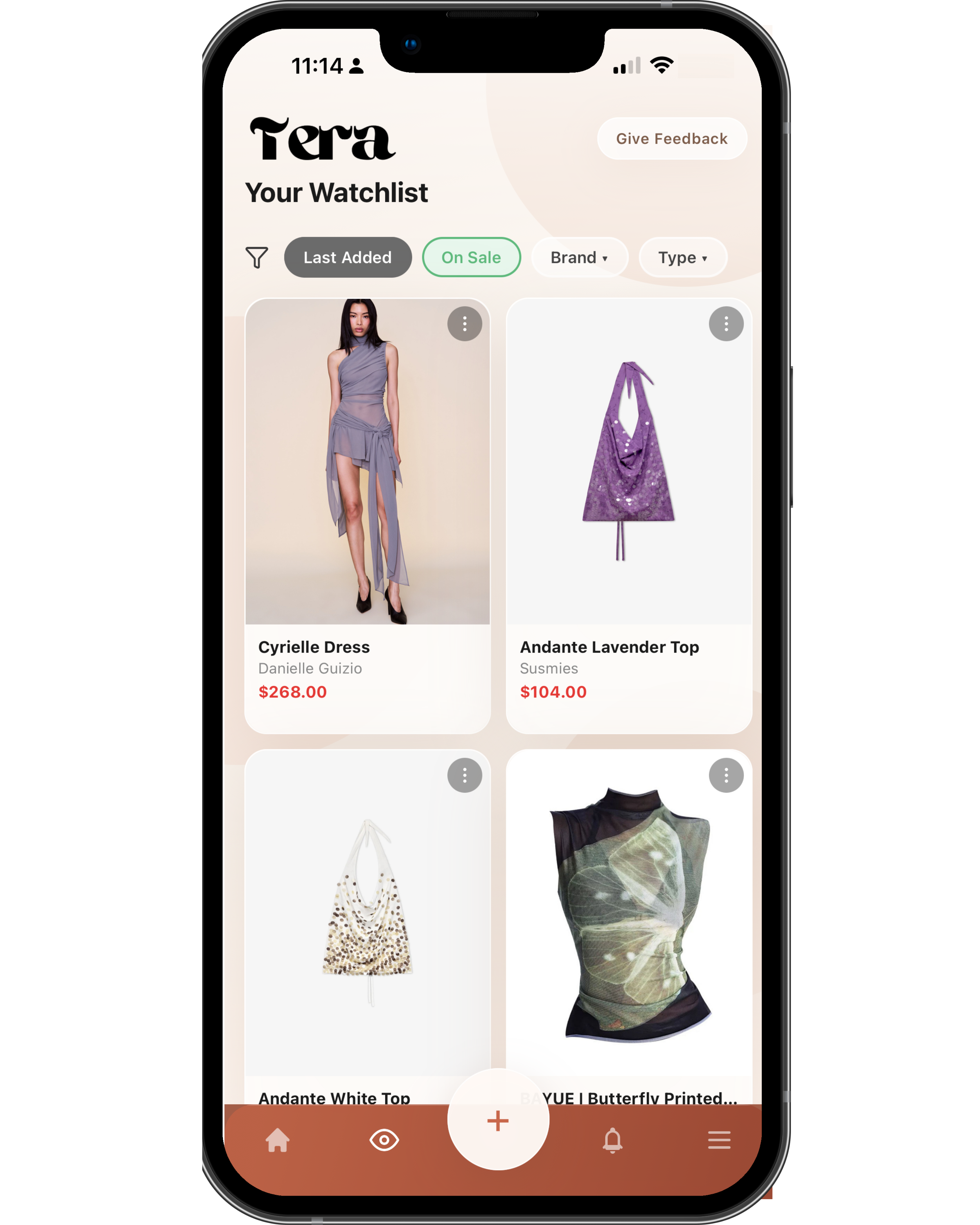 Tera wishlist with saved product phone screen