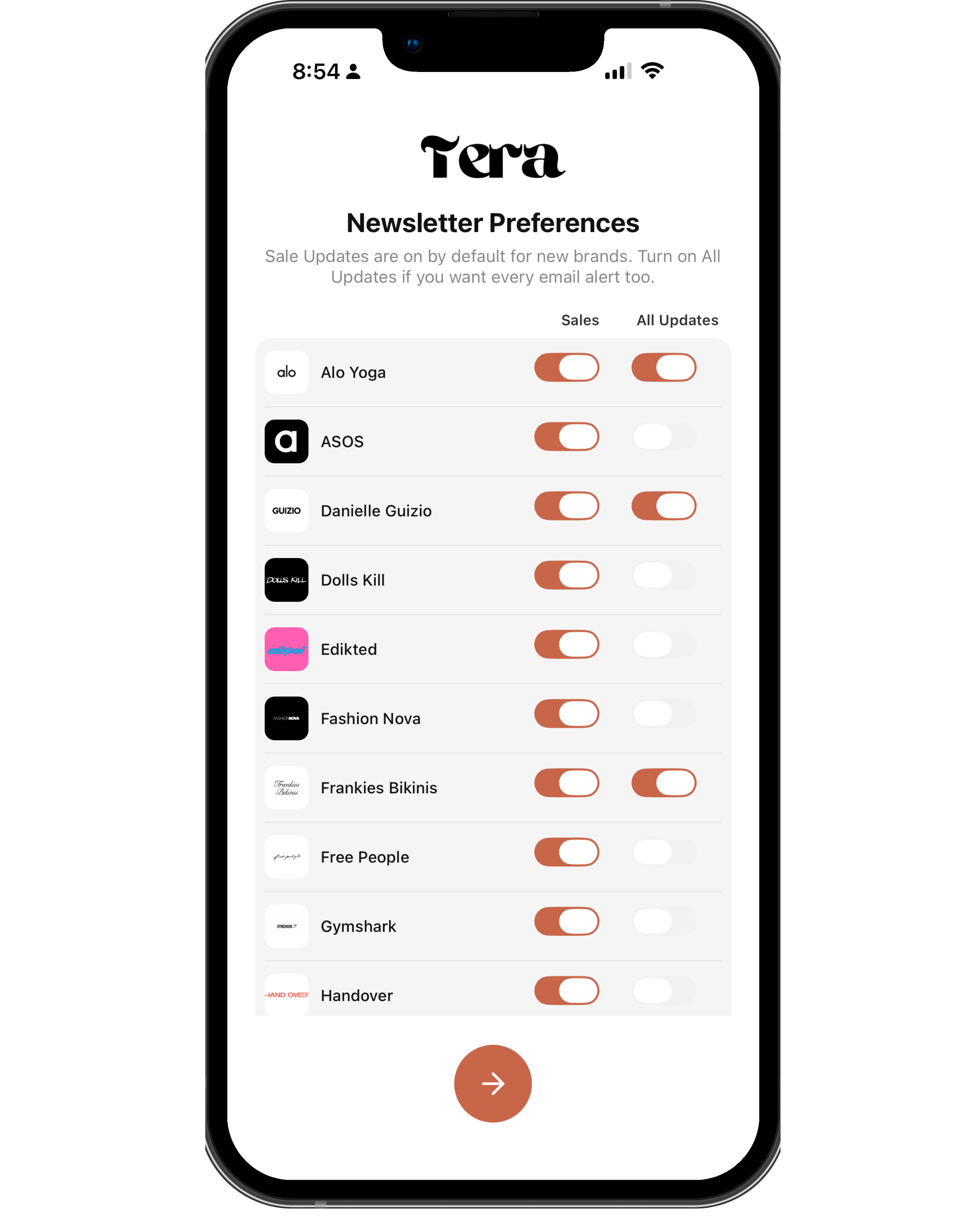 Tera newsletter preferences phone screen